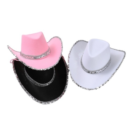 Pink Cowboy Hat Cowgirl Hats with Blinking Sequin Halloween Cosplay Dress up Cowboy Party Accessories Pink Boa Cowboy Hat