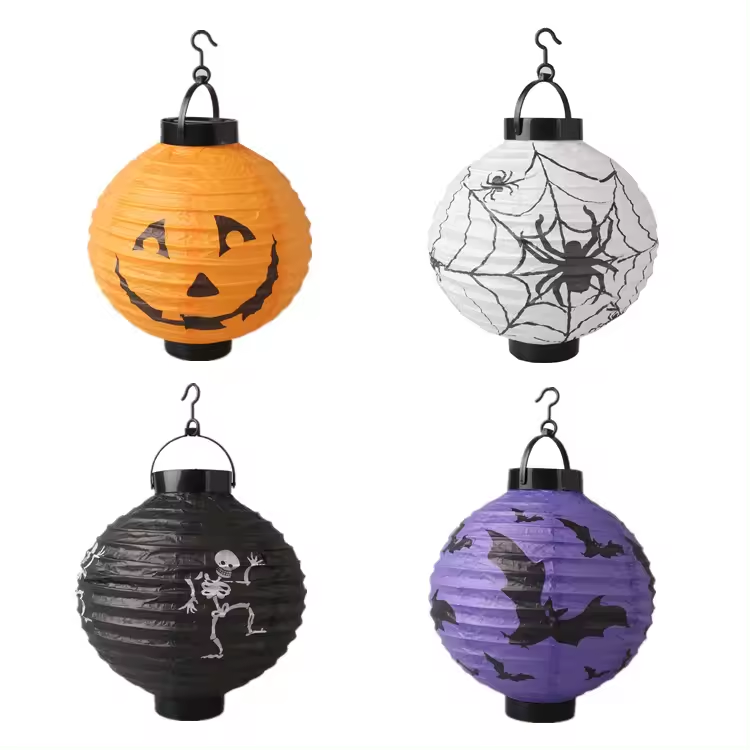 Halloween Pumpkin Decorated Lantern Bat Spider Pattern DIY Illuminated LED Festive Decorated Paper Lantern