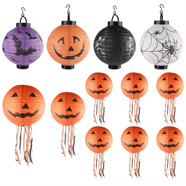 Halloween Pumpkin Decorated Lantern Bat Spider Pattern DIY Illuminated LED Festive Decorated Paper Lantern