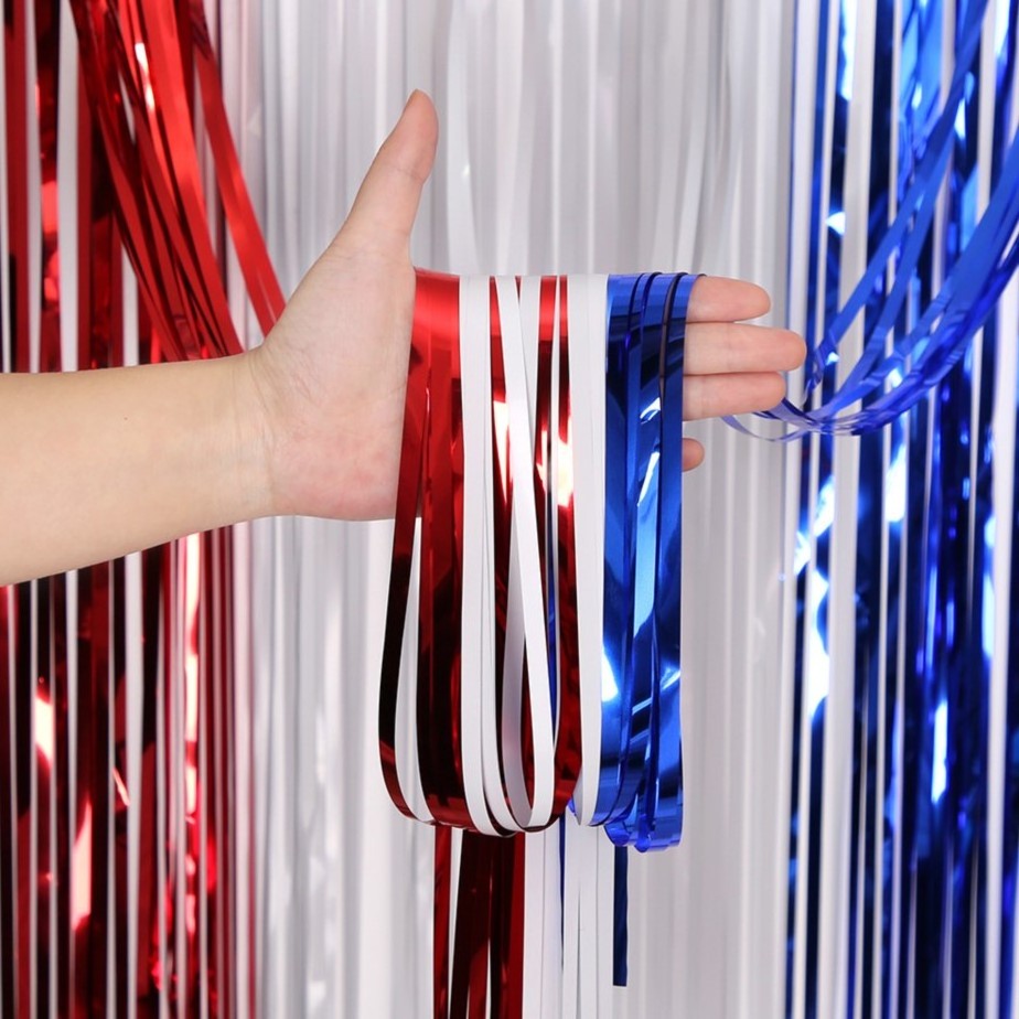 4th of July Decoration Red White Blue Foil Curtain Independence Day Photo Prop Streamer Backdrop For US Patriotic Party Tinsel