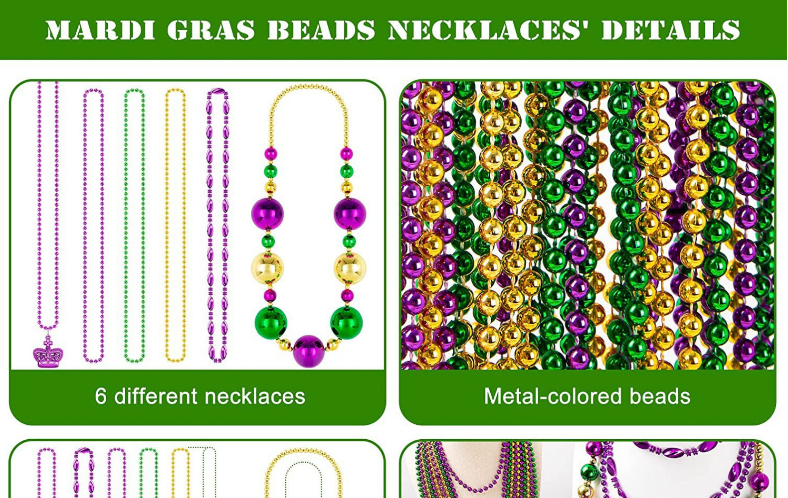 Mardi Gras Purple Gold Green Carnival Metallic Bead Necklaces For Festivals Parades Night Club Dress-up Events Decor