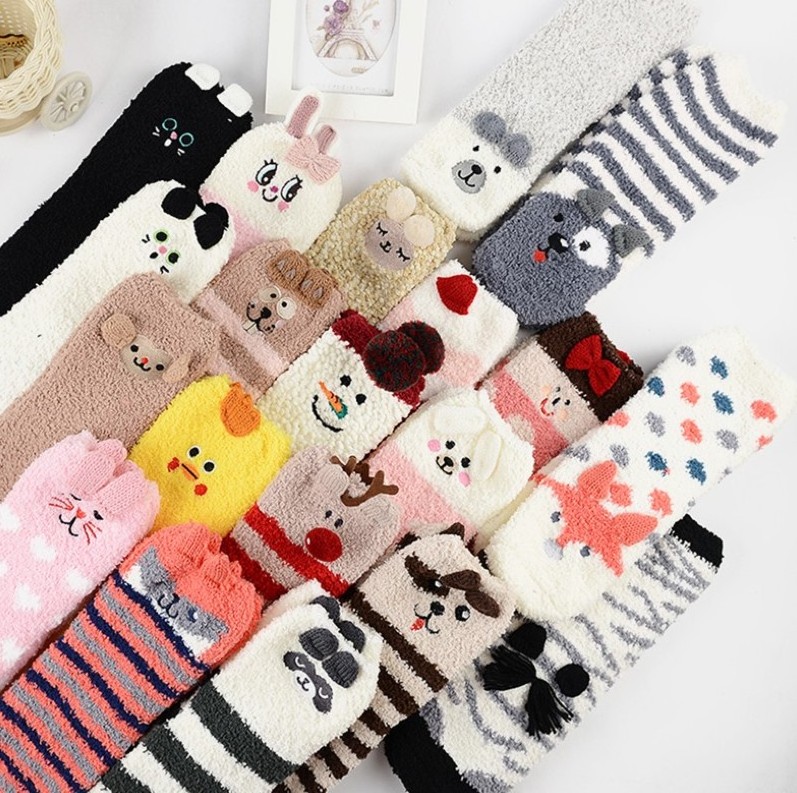 Embroidered floor Christmas stockings gift adult ladies coral velvet thicken warm animal cartoon socks