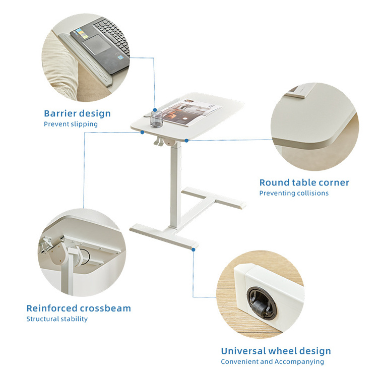 Modern Home Office Height Adjustable Gas Spring Foldable Snack Rolling Table Mobile Bed Sofa Side Desk with Hidden Casters