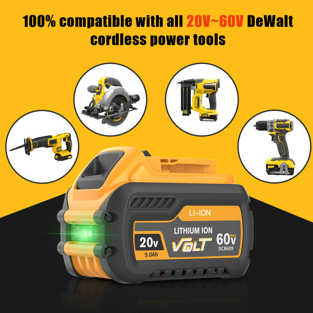 9.0Ah MAX Replacement Li-ion Battery for Dewalt 20V/60V/120V DCB606 DCB609 DCB205 DCB204 DCB206 DCB209 DCB182 PowerTool