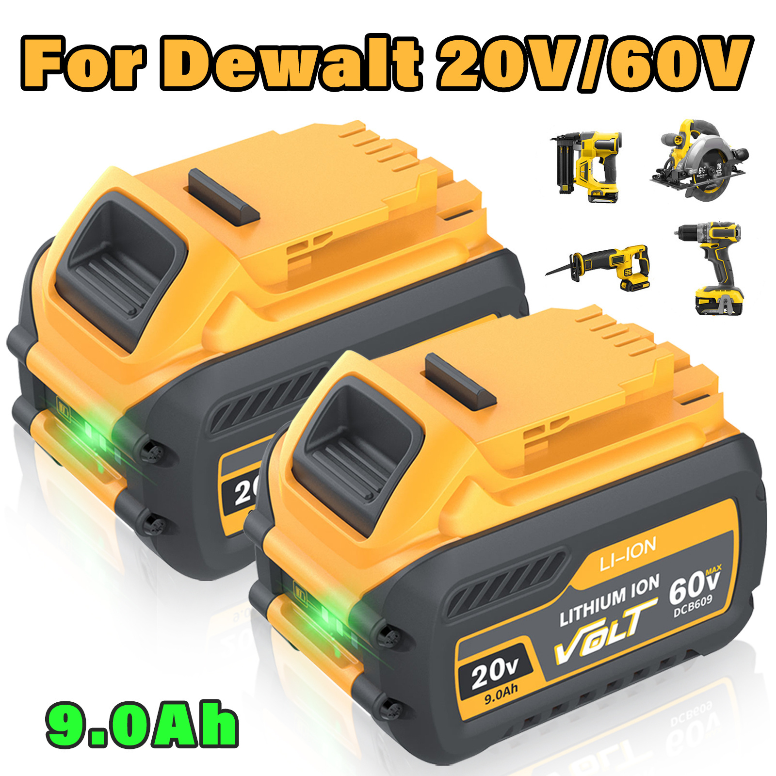 9.0Ah MAX Replacement Li-ion Battery for Dewalt 20V/60V/120V DCB606 DCB609 DCB205 DCB204 DCB206 DCB209 DCB182 PowerTool