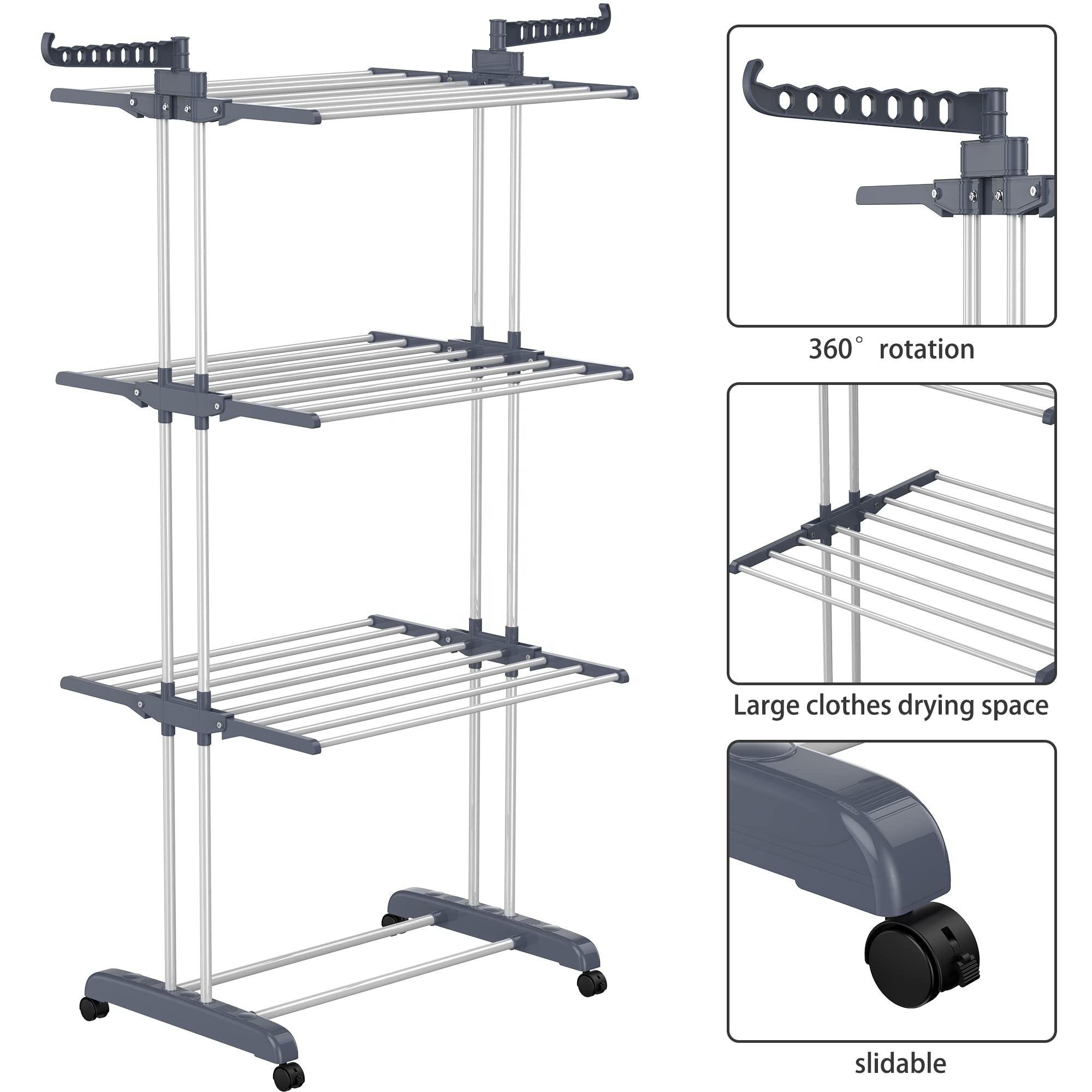 4-Tier Folding Stainless Steel Laundry Drying Rack, Drying Rack Clothing with Wheels for Indoor Outdoor, Oversize Garment Dryer