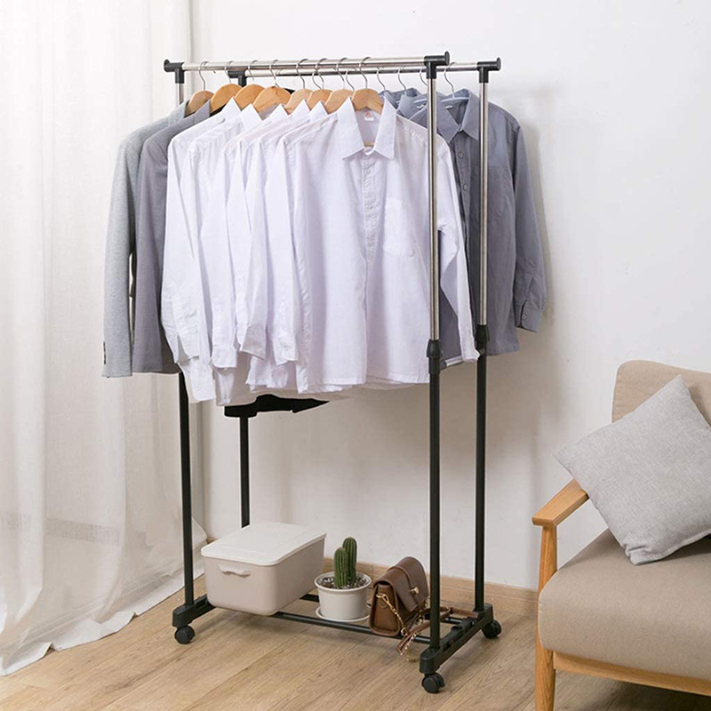 Simple Double Rod Clothing Metal Garment Rack for Hanging Clothes, Rolling Clothes Organizer Dryer