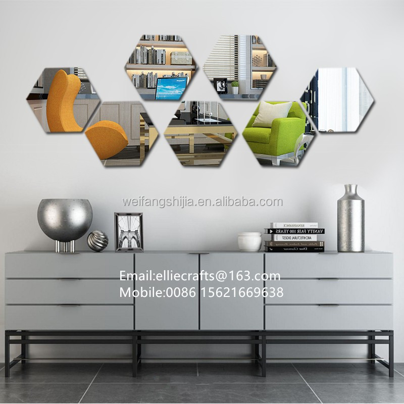 4 Pack Self Adhesive Mirror  Acrylic Stick On Wall Mirrors Tiles , Art Wall Decoration hexagonal self-adhesive splicing mirror