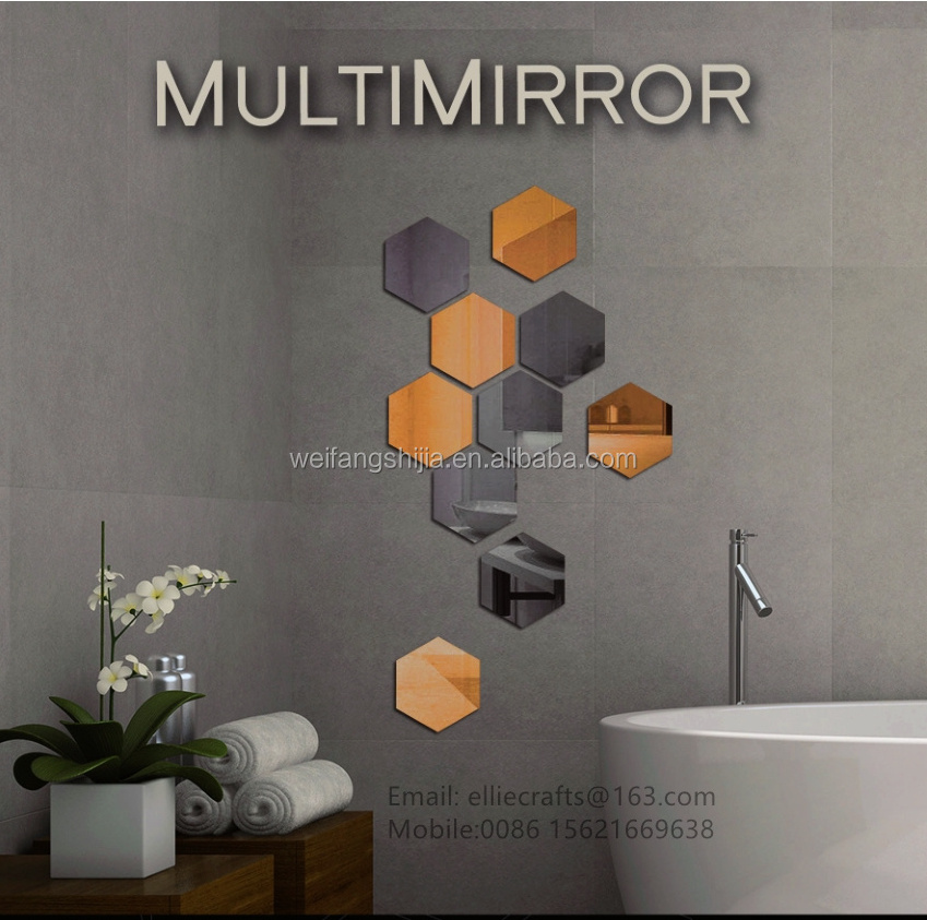 4 Pack Self Adhesive Mirror  Acrylic Stick On Wall Mirrors Tiles , Art Wall Decoration hexagonal self-adhesive splicing mirror