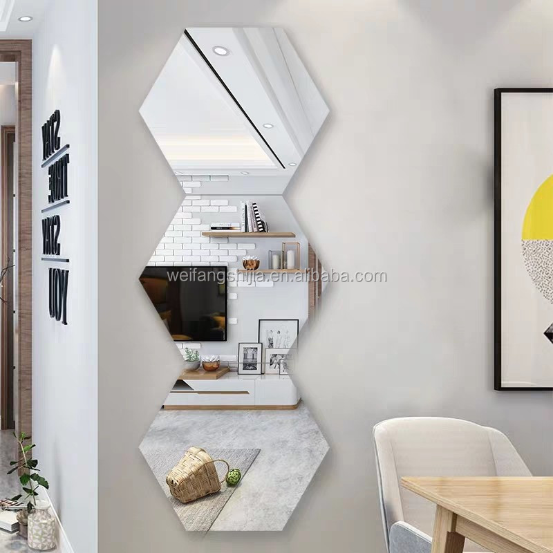 Wholesale  large  Acrylic Stick On Wall Mirrors Tiles , Art Wall Decoration hexagonal self-adhesive splicing mirror