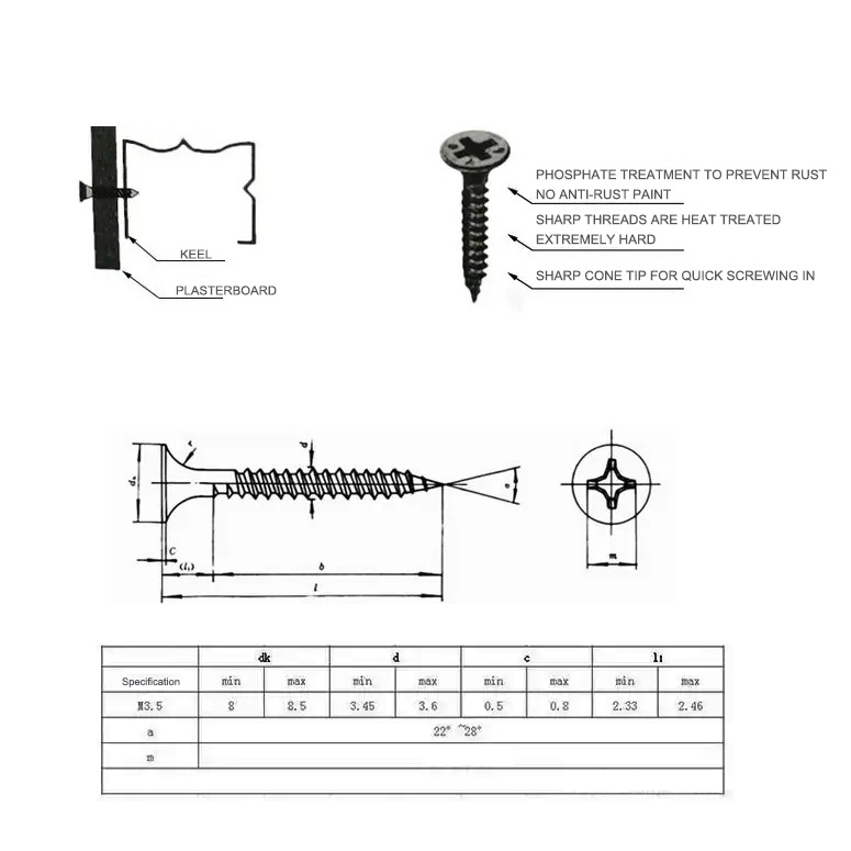 25Kg 3.5x25mm Packing Zinc Plated Fine Coarse Thread Black Phosphate Bugle Head Gypsum Board Tornillo Self Tapping Drywall Screw