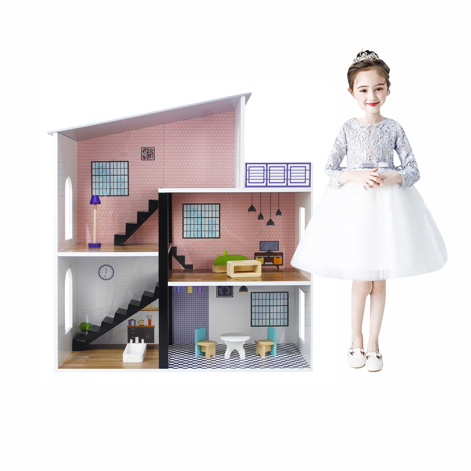 New Pretend Play dollhouse girls Princess surprised gift 3 Floors 8pcs mini furniture Wooden Minimalist Doll House With balcony