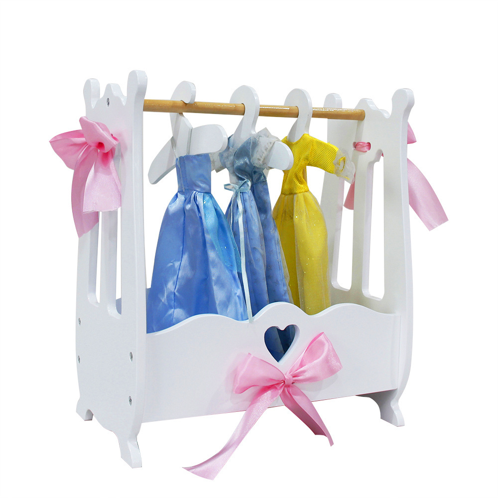 Manufacturer Customized Children Play House Doll Coat Rack Toys Pink White Wooden Mini Doll Clothes Hangers