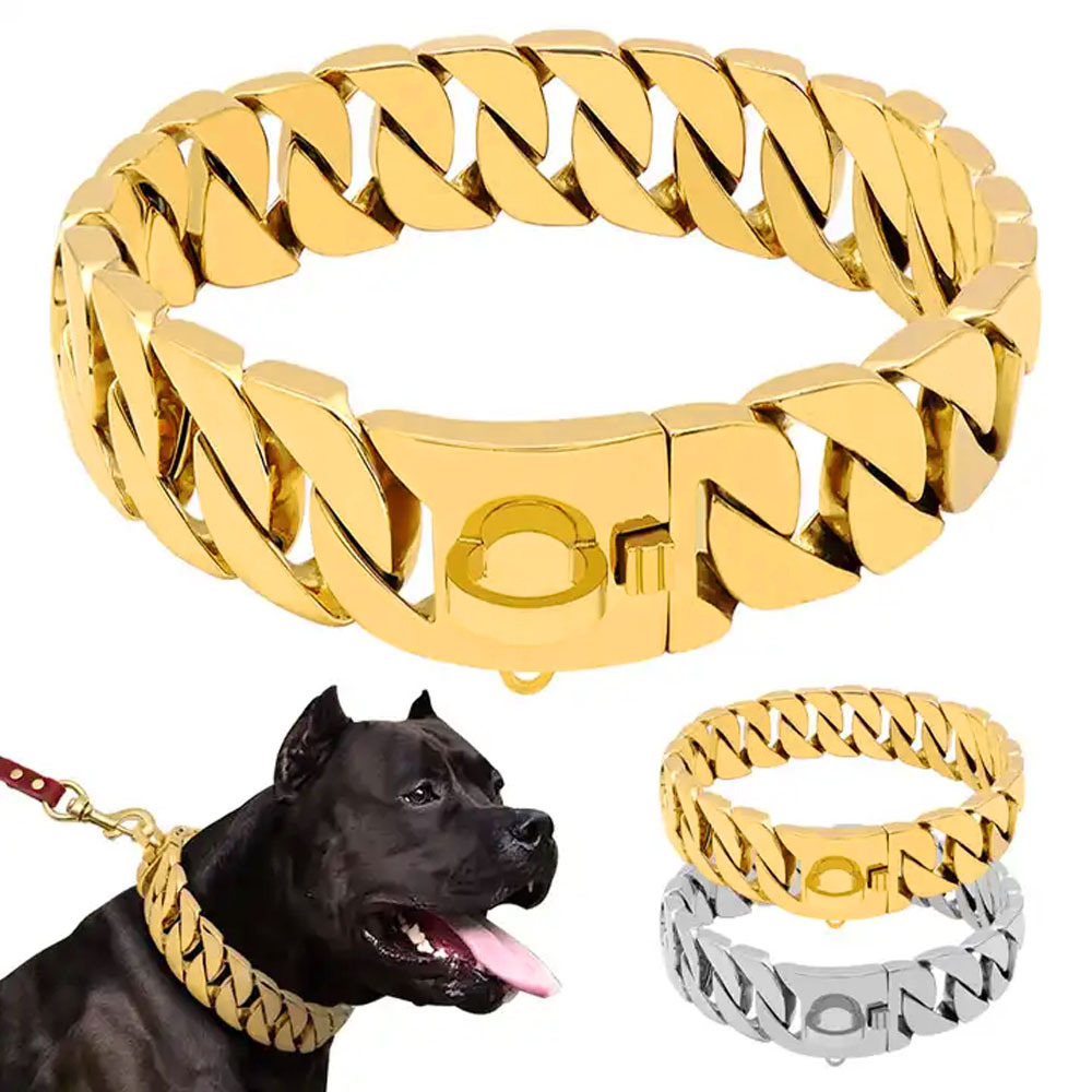 Cuban Link Dog Collar Strong Metal Collars with Buckle Custom Solid Stainless Steel Gold Chains for Large Dogs