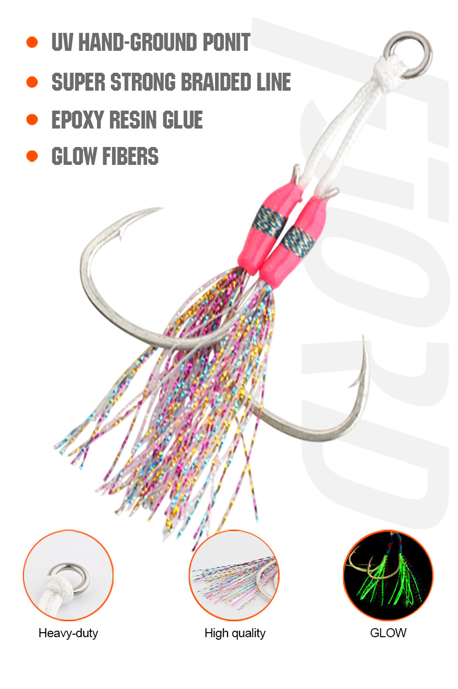 FJORD Customized 1/0 2/0 3/0 Pike Hooks with UV Point Jig assist Hooks with Glowing Silks Double hook for saltwater