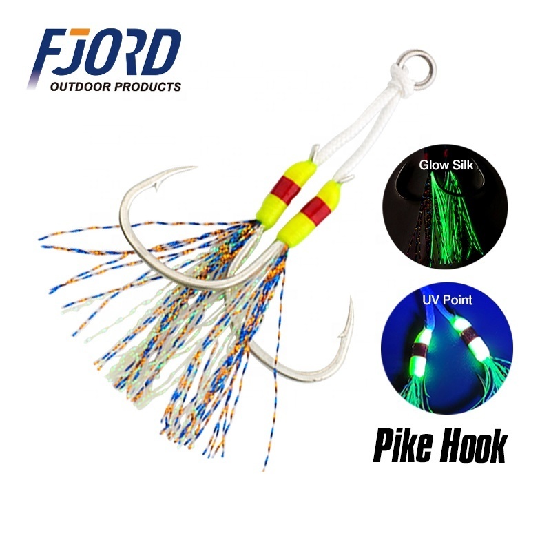 FJORD Customized 1/0 2/0 3/0 Pike Hooks with UV Point Jig assist Hooks with Glowing Silks Double hook for saltwater