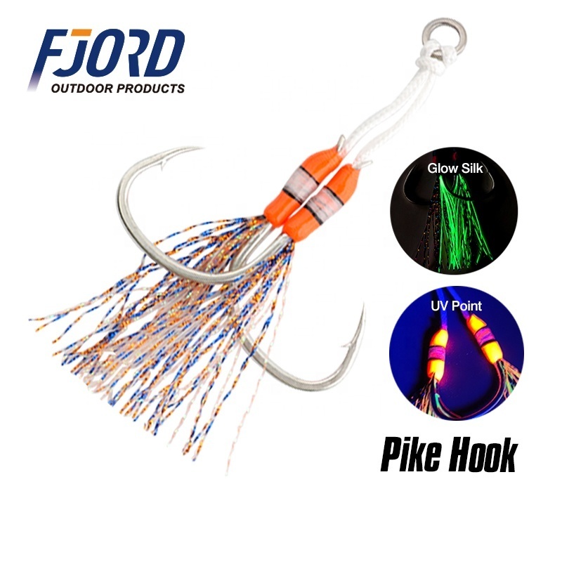 FJORD Customized 1/0 2/0 3/0 Pike Hooks with UV Point Jig assist Hooks with Glowing Silks Double hook for saltwater