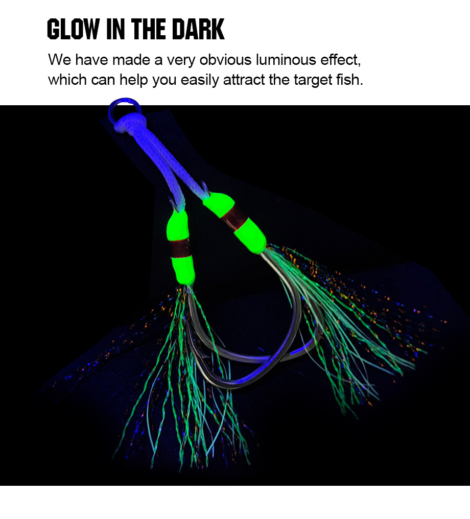 FJORD Customized 1/0 2/0 3/0 Pike Hooks with UV Point Jig assist Hooks with Glowing Silks Double hook for saltwater