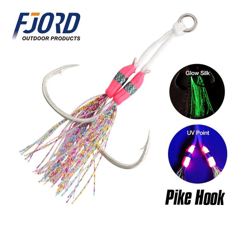 FJORD Customized 1/0 2/0 3/0 Pike Hooks with UV Point Jig assist Hooks with Glowing Silks Double hook for saltwater