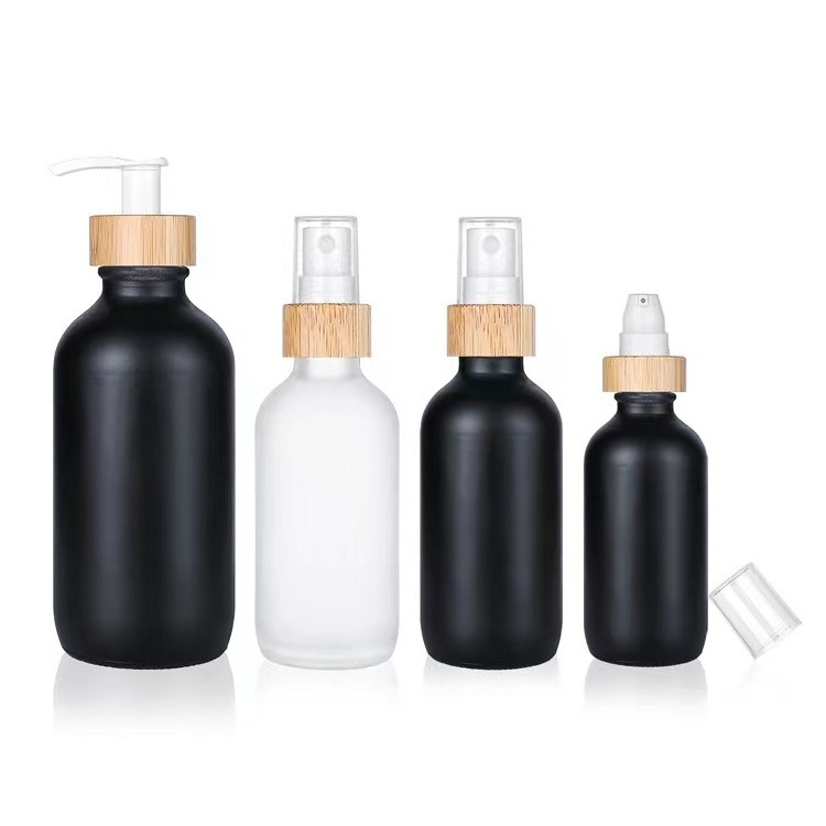 Shampoo bottle glass packaging bottle with wooden color pump cosmetic lotion serum container