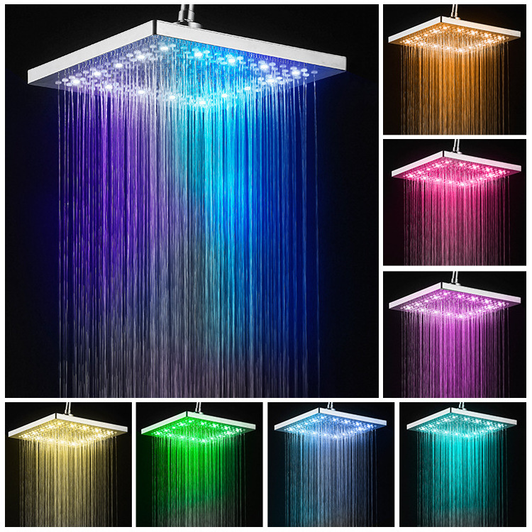 Flash Light Automatically Changing LED Shower Head 8 Inch Square All Water Rainfall High Pressure Bathroom Shower Head