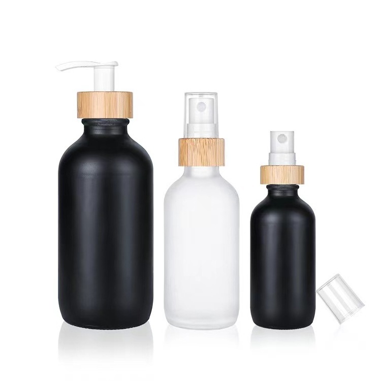 Shampoo bottle glass packaging bottle with wooden color pump cosmetic lotion serum container