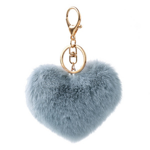 Cute Fluffy Heart Shaped Fake Rex Rabbit Fur ear Pompom Keychain bulk puff Ball Mini furry keychain Pom Pom fur ball keychains