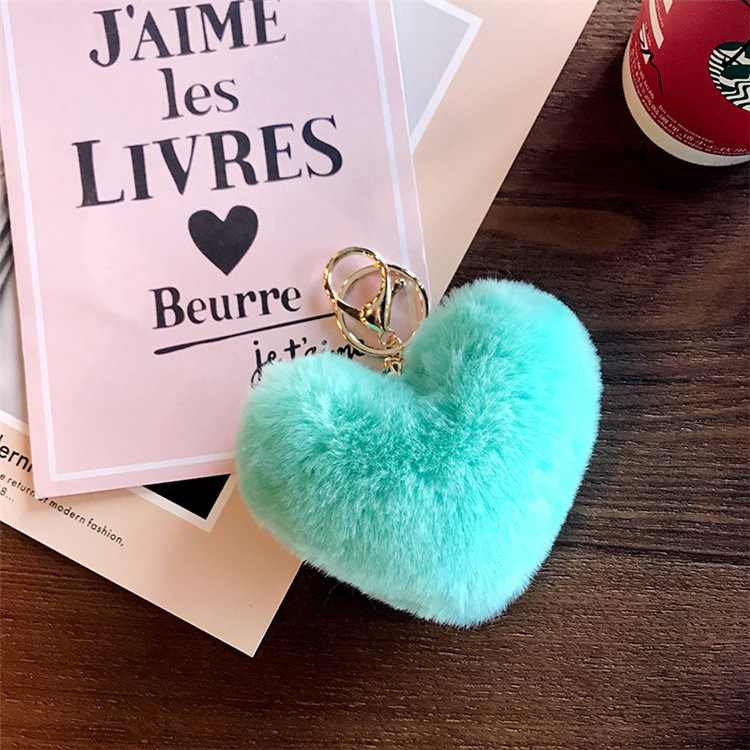 Cute Fluffy Heart Shaped Fake Rex Rabbit Fur ear Pompom Keychain bulk puff Ball Mini furry keychain Pom Pom fur ball keychains