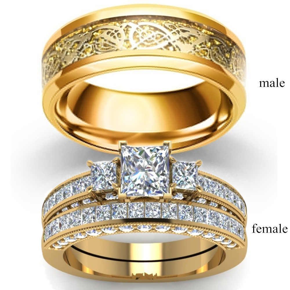 2pcs 18k Gold Plate Crystal Square Cubic Zirconia engagement Wedding Rings Dragon Design Stainless Steel Couple Ring set