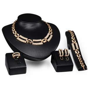 African Fashion Women Luxury Rectangle Brazilian Saudi Gold Dubai Crystal Wedding Bridal Jewelry Set