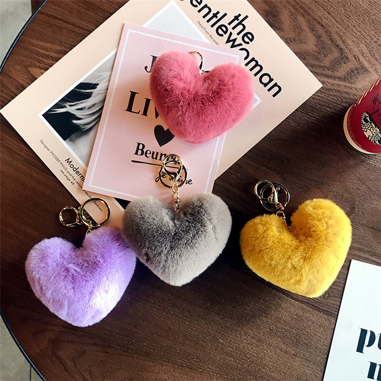 Cute Fluffy Heart Shaped Fake Rex Rabbit Fur ear Pompom Keychain bulk puff Ball Mini furry keychain Pom Pom fur ball keychains