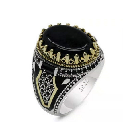 Punk Turquoise Signet Turkish Rings Islamic Religious Muslim Jewelry Fashion Dainty Gem Natural Black Onyx Ring for Men