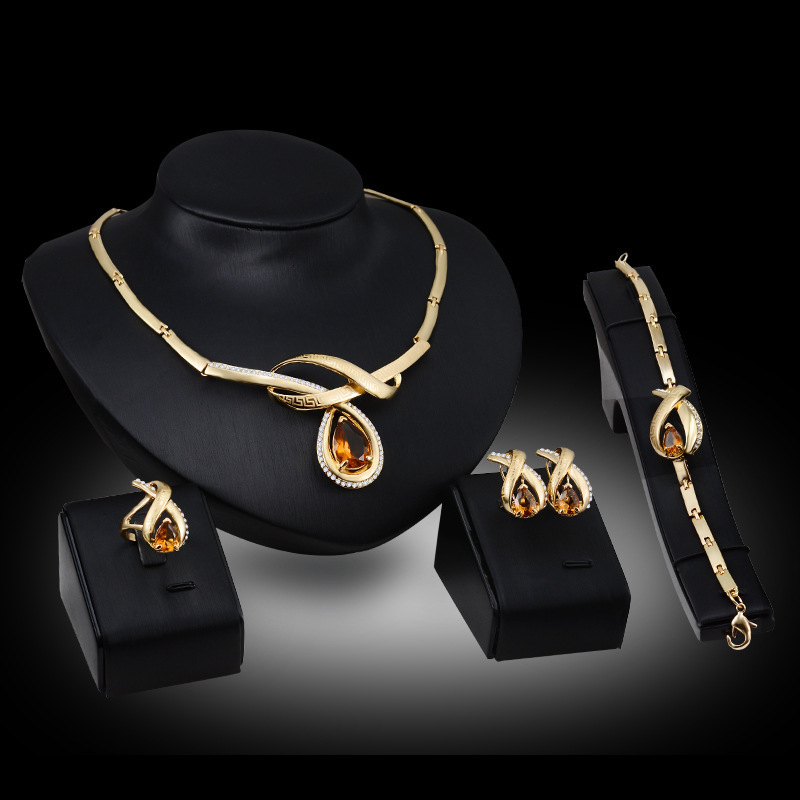 Women Fashion steel Jewelry Sets Luxury Saudi 18K Gold Plated Dubai Diamond Wedding Gift African Bridal Jewelry Set