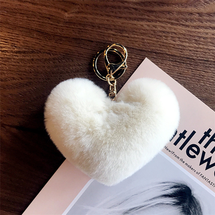 Cute Fluffy Heart Shaped Fake Rex Rabbit Fur ear Pompom Keychain bulk puff Ball Mini furry keychain Pom Pom fur ball keychains