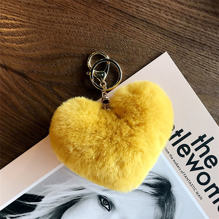 Cute Fluffy Heart Shaped Fake Rex Rabbit Fur ear Pompom Keychain bulk puff Ball Mini furry keychain Pom Pom fur ball keychains