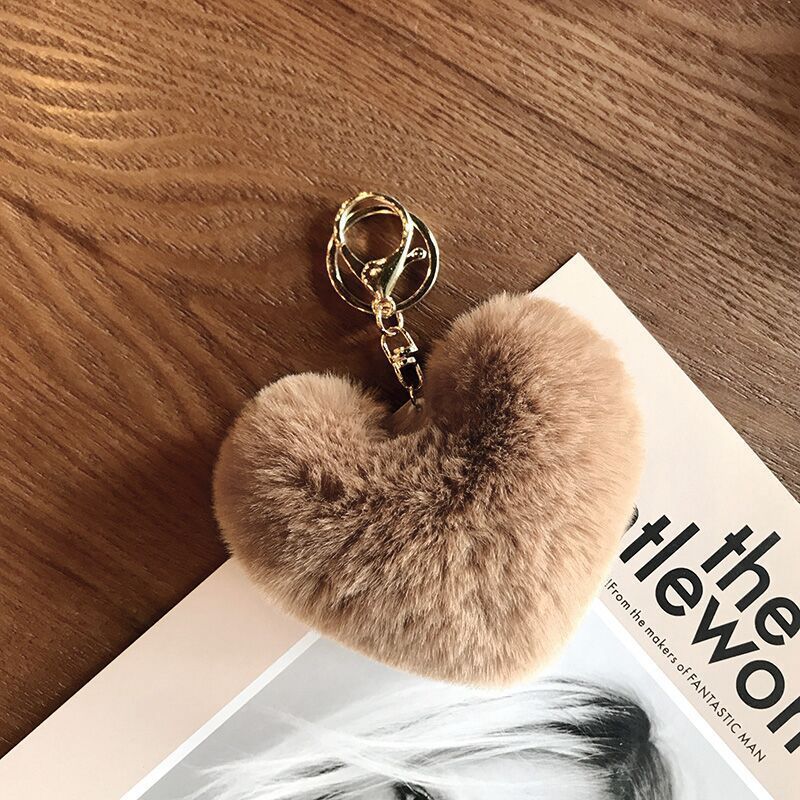 Cute Fluffy Heart Shaped Fake Rex Rabbit Fur ear Pompom Keychain bulk puff Ball Mini furry keychain Pom Pom fur ball keychains