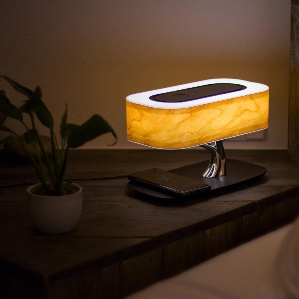 Luxury wooden tree of light 3 in 1 led night lamp with wireless charger and blue tooth speaker