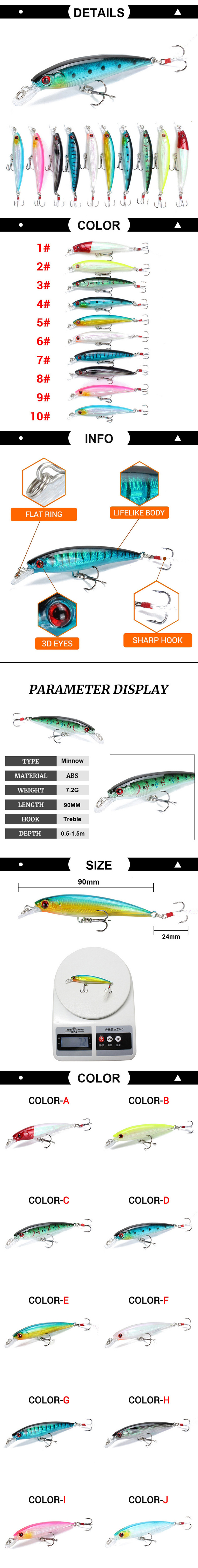 WEIHE Minnow Fishing Lures Wobblers Crankbait 9cm 7.2g with Feather Hooks Artificial Hard Lure Bass Bait Tackle