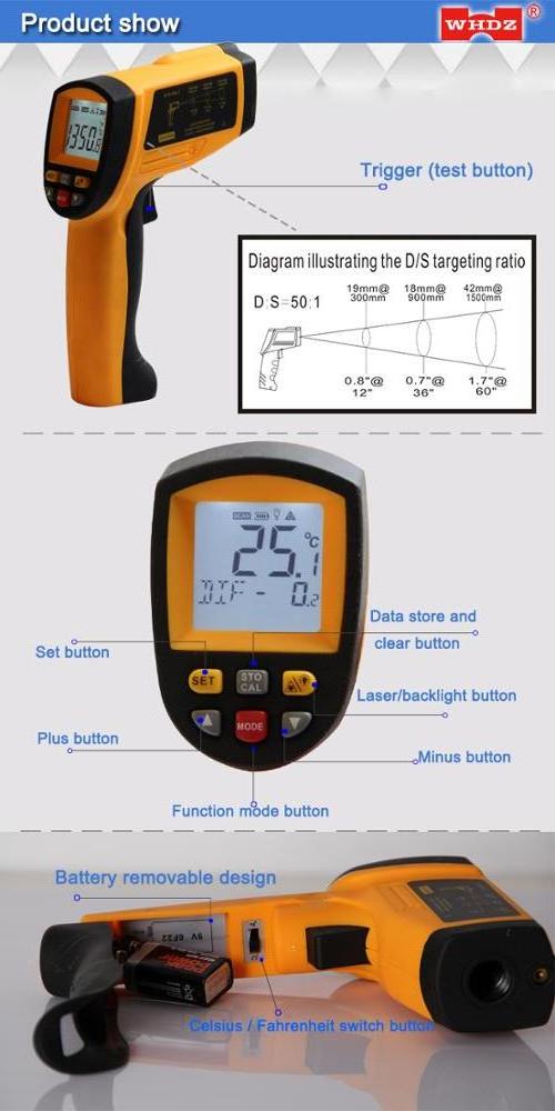 Infrared Thermometer Digital Infrared Gun-type Thermometer Non-contact Industrial Infrared thermometer WH1350