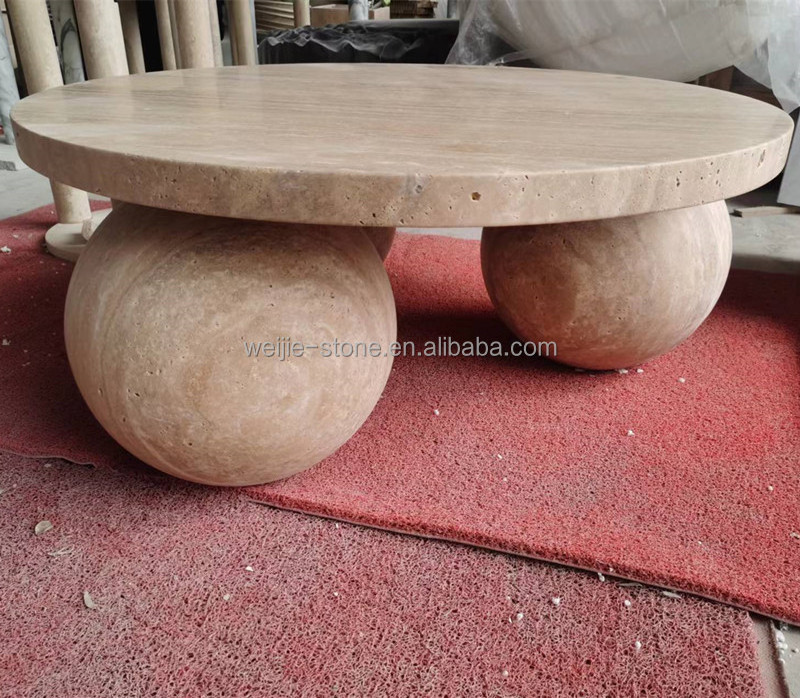 Modern Fashion Designs Travertine Marble Coffee Table Living Room Natural Stone Sphere Ball Table Base Limestone Coffee Table