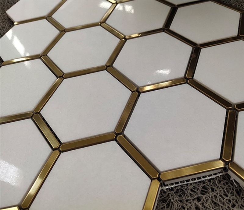 New design hexagonal honeycomb Brass inlay tiles white marble with brush gold stainless steel mosaic tile