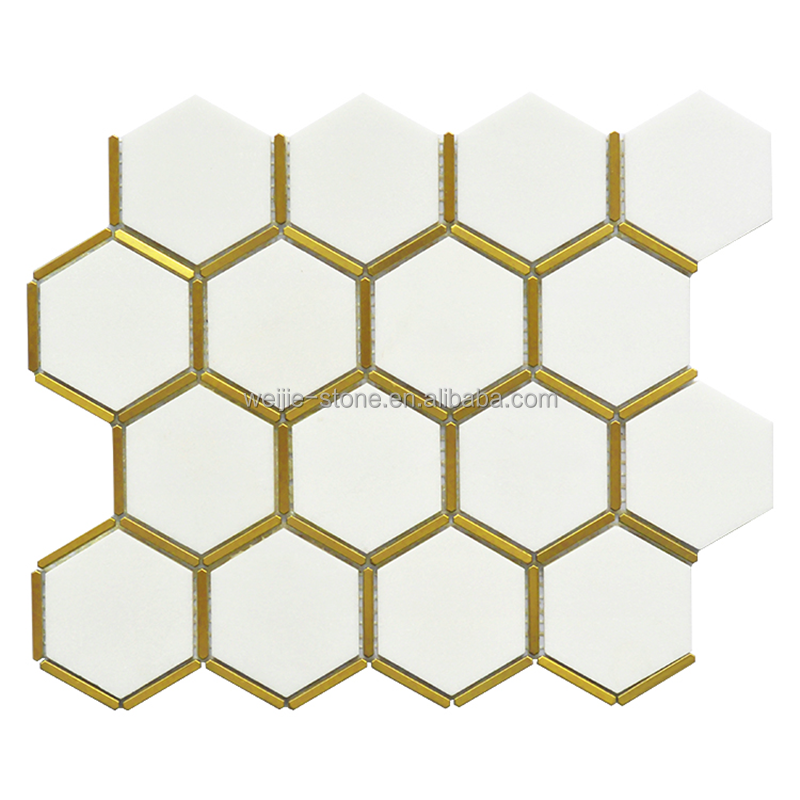 New design hexagonal honeycomb Brass inlay tiles white marble with brush gold stainless steel mosaic tile