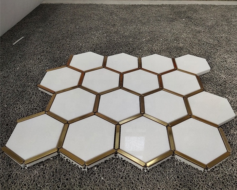 New design hexagonal honeycomb Brass inlay tiles white marble with brush gold stainless steel mosaic tile