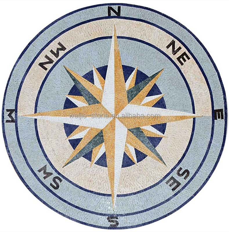 Handmade Natural Art Compass Rose Shape Mosaic Tile With Nautical Medallion Stone Marble Flooring Colors