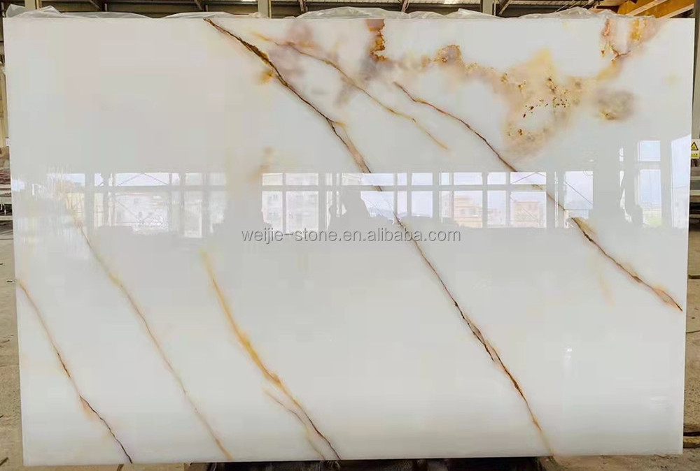 Factory Price Large Big Snow White Crystal Onyx Stone Stock Marble Jade Slab Floor Tile with Orange Gold Brown Yellow Veins