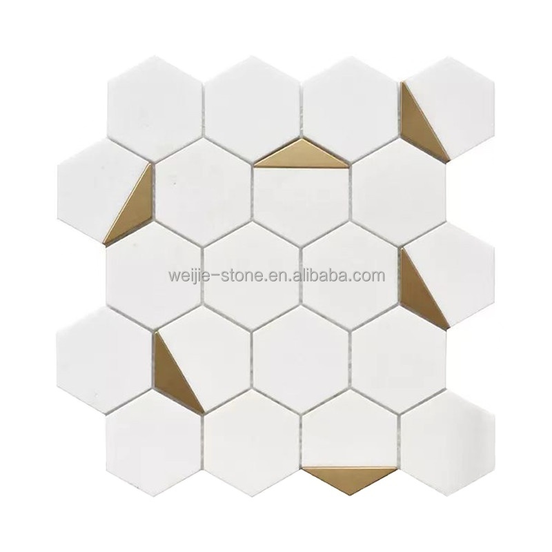 luxury hexagon mosaic bathroom tile kitchen backsplash thassos white stone gold metal copper brass waterjet marble mosaic tile