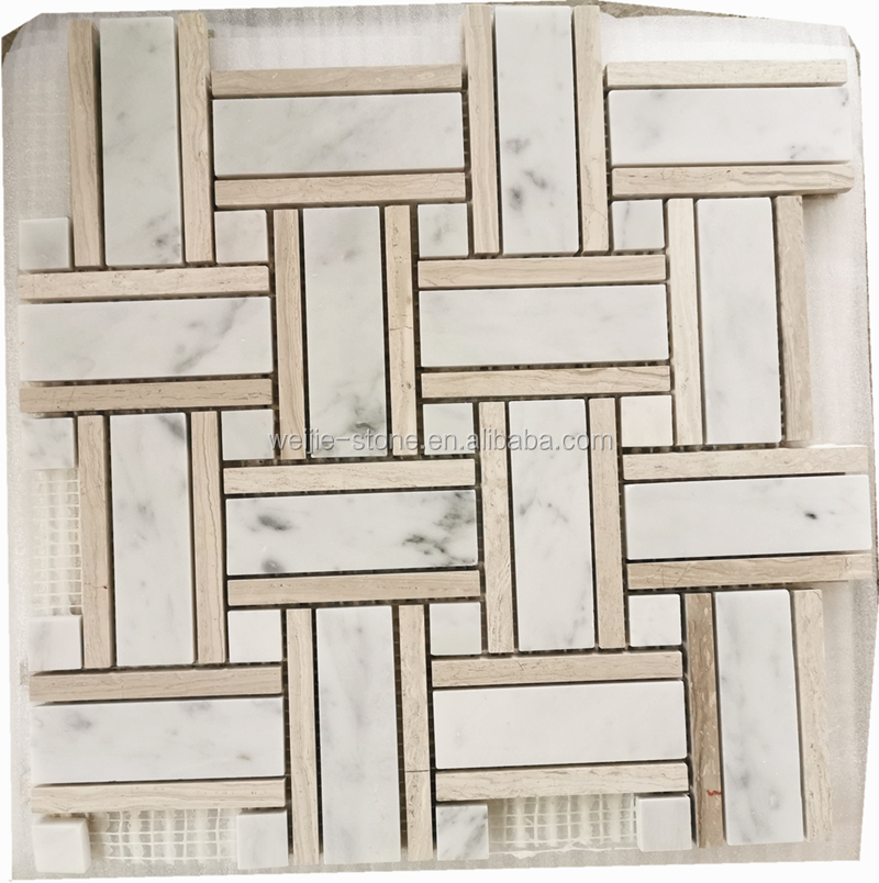 White marble and grey wooden basket weave pattern 24 x 24 mosaic tile