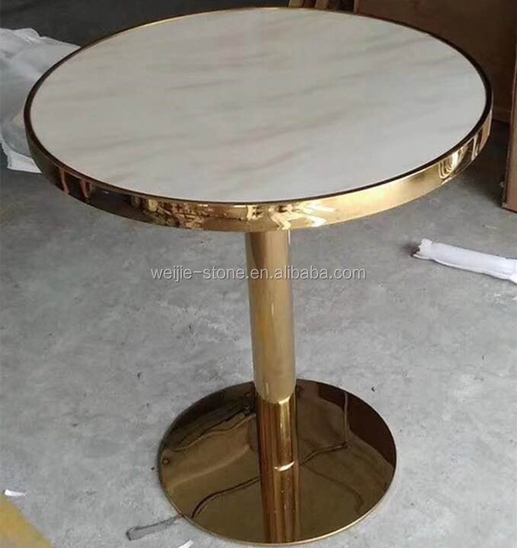 Modern table restaurant luxury stainless steel gold base and round natural marble top dining table