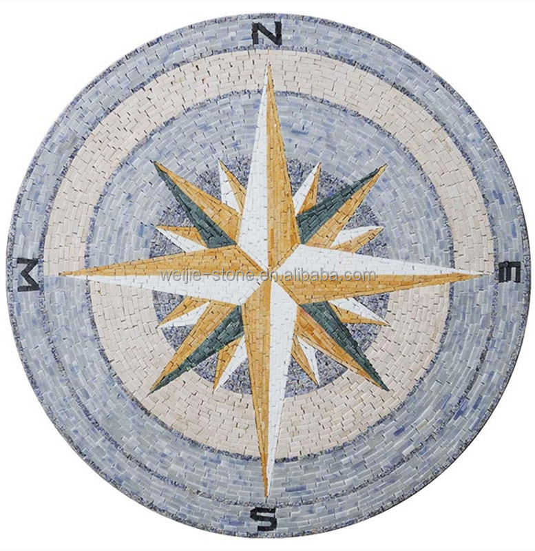 Handmade Natural Art Compass Rose Shape Mosaic Tile With Nautical Medallion Stone Marble Flooring Colors