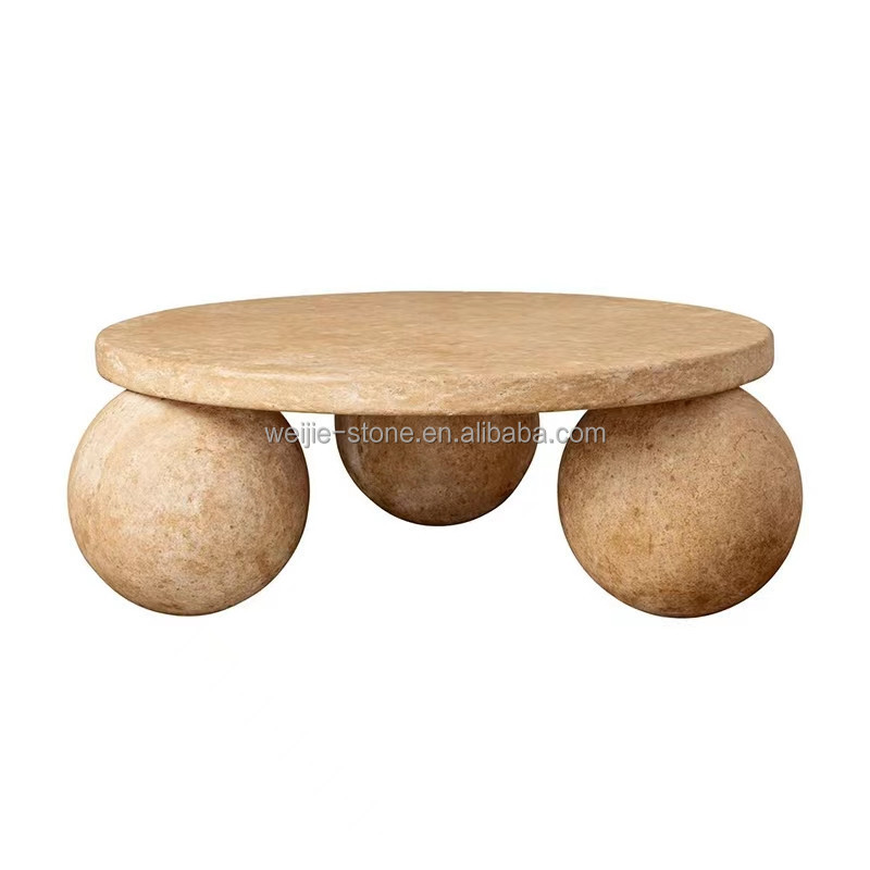 Modern Fashion Designs Travertine Marble Coffee Table Living Room Natural Stone Sphere Ball Table Base Limestone Coffee Table